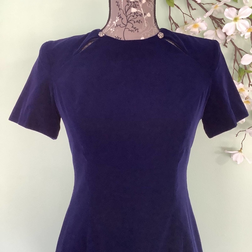 Vintage Liz Claiborne Velvet Strong Shoulder Embellished Keyhole Short Dress 90s